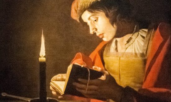 Yoga Nidra Boeken. Jonge man lezend bij Kaarslicht (jaar ?) Matthias Storm (1615-1649)